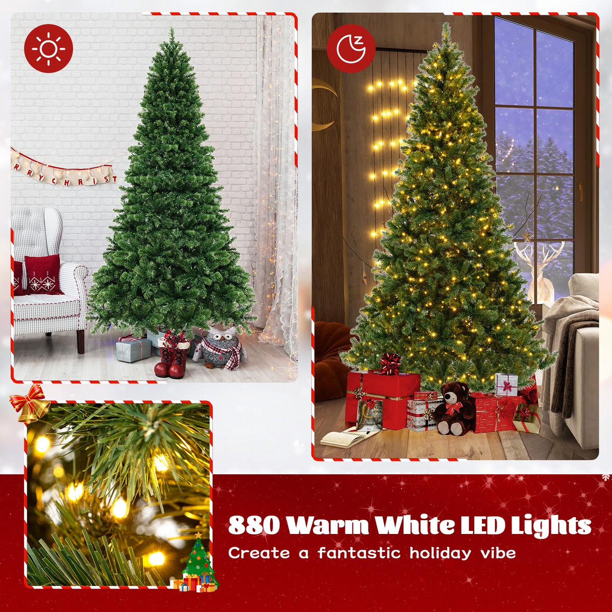 6/7/8 Feet Hinged Christmas Tree with PVC Branch Tips Warm White LED Lights-8 ft-Christmas Trees-DECOROLALA