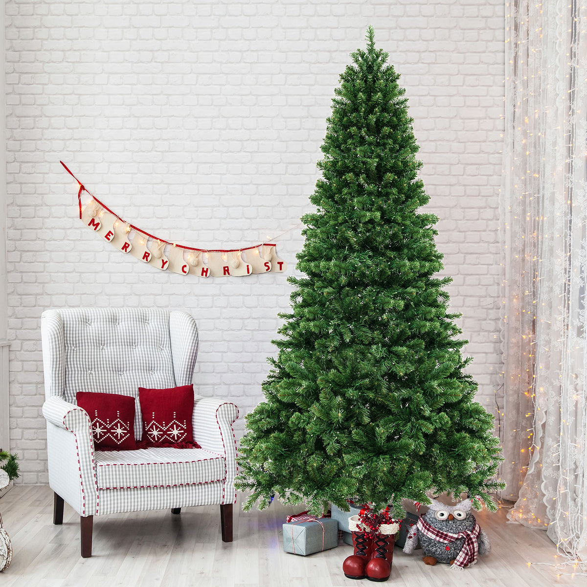 6/7/8 Feet Hinged Christmas Tree with PVC Branch Tips Warm White LED Lights-8 ft-Christmas Trees-DECOROLALA