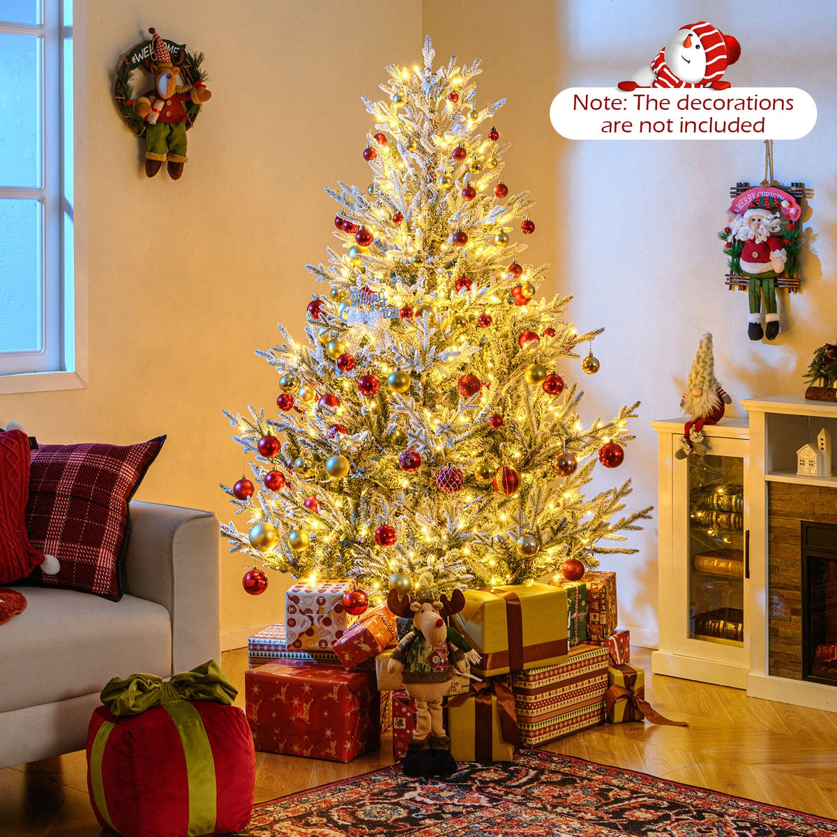 6/7/8 Feet Pre-Lit Artificial Christmas Tree Hinged Snow Flocked Xmas Tree-6 ft-Christmas Trees-DECOROLALA