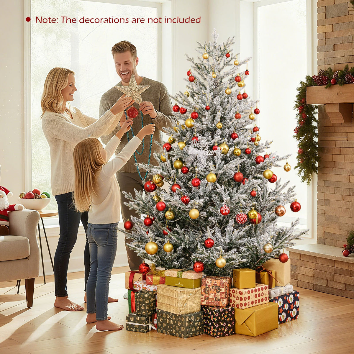 6/7/8 Feet Pre-Lit Artificial Christmas Tree Hinged Snow Flocked Xmas Tree-6 ft-Christmas Trees-DECOROLALA