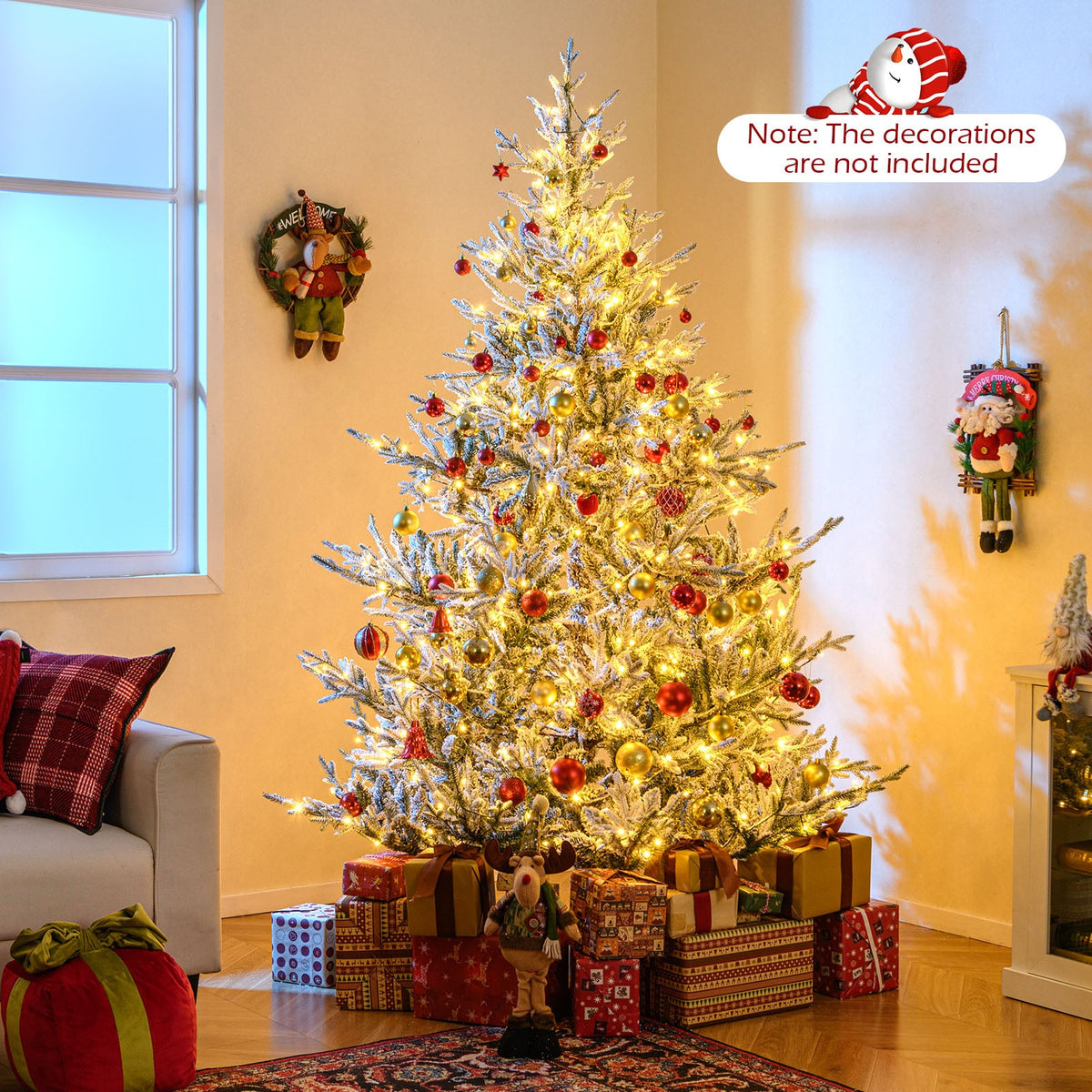 6/7/8 Feet Pre-Lit Artificial Christmas Tree Hinged Snow Flocked Xmas Tree-7 ft-Christmas Trees-DECOROLALA