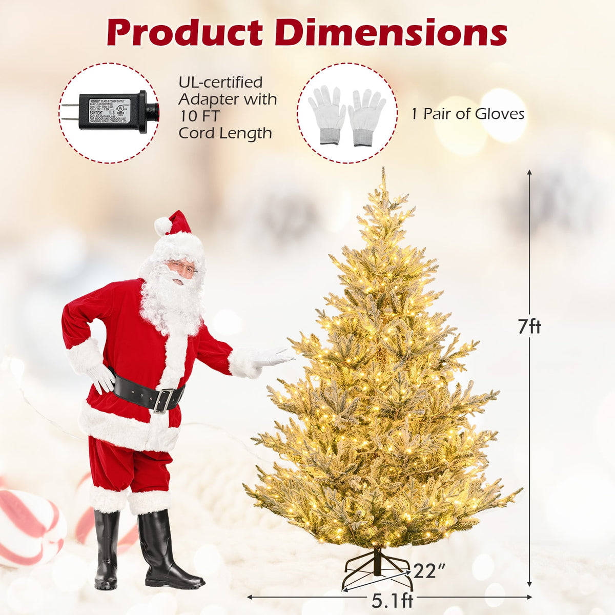 6/7/8 Feet Pre-Lit Artificial Christmas Tree Hinged Snow Flocked Xmas Tree-7 ft-Christmas Trees-DECOROLALA