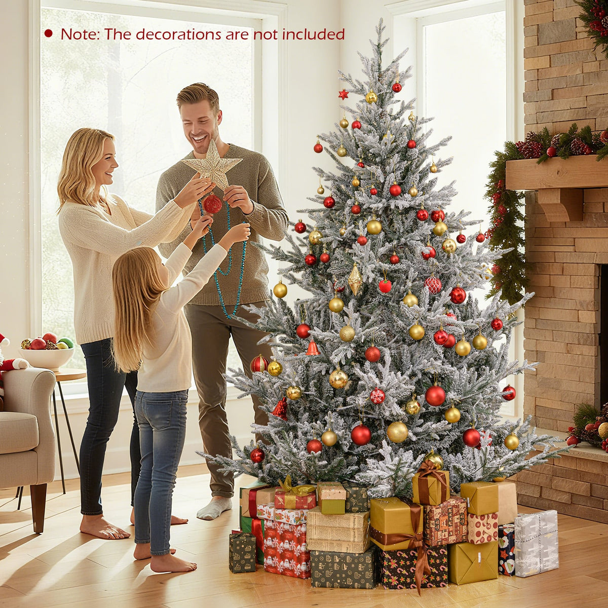 6/7/8 Feet Pre-Lit Artificial Christmas Tree Hinged Snow Flocked Xmas Tree-7 ft-Christmas Trees-DECOROLALA