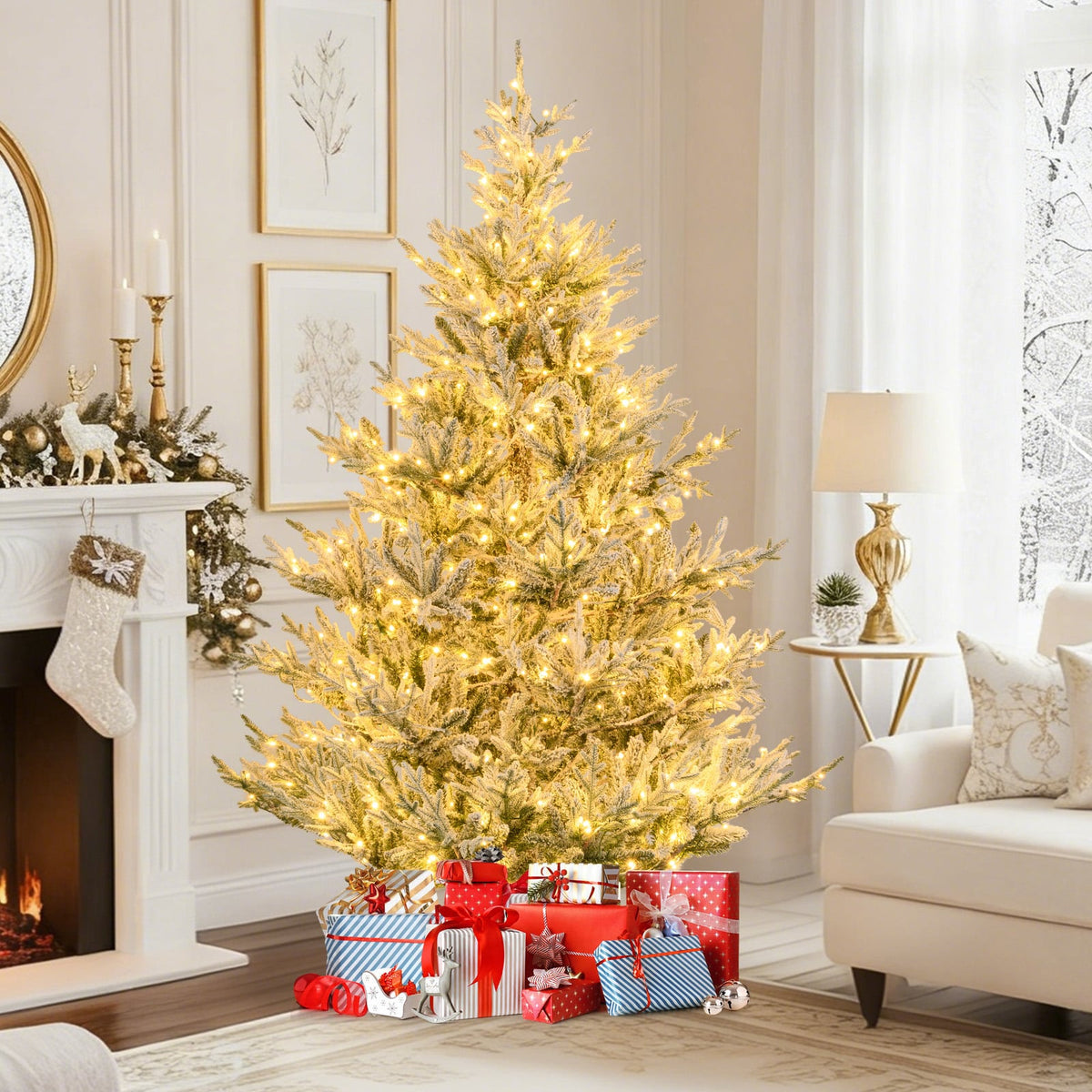 6/7/8 Feet Pre-Lit Artificial Christmas Tree Hinged Snow Flocked Xmas Tree-7 ft-Christmas Trees-DECOROLALA