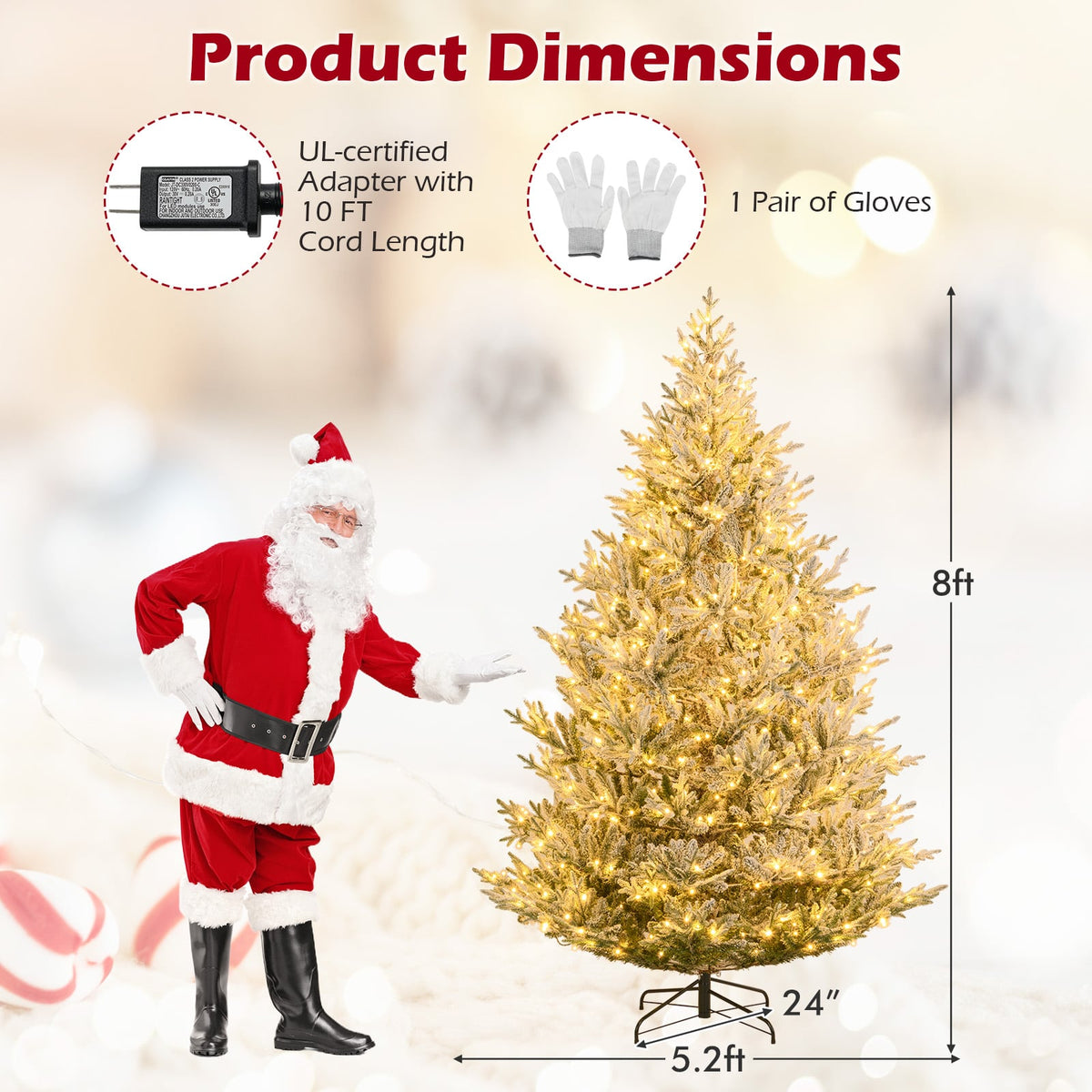 6/7/8 Feet Pre-Lit Artificial Christmas Tree Hinged Snow Flocked Xmas Tree-8 Feet-Christmas Trees-DECOROLALA