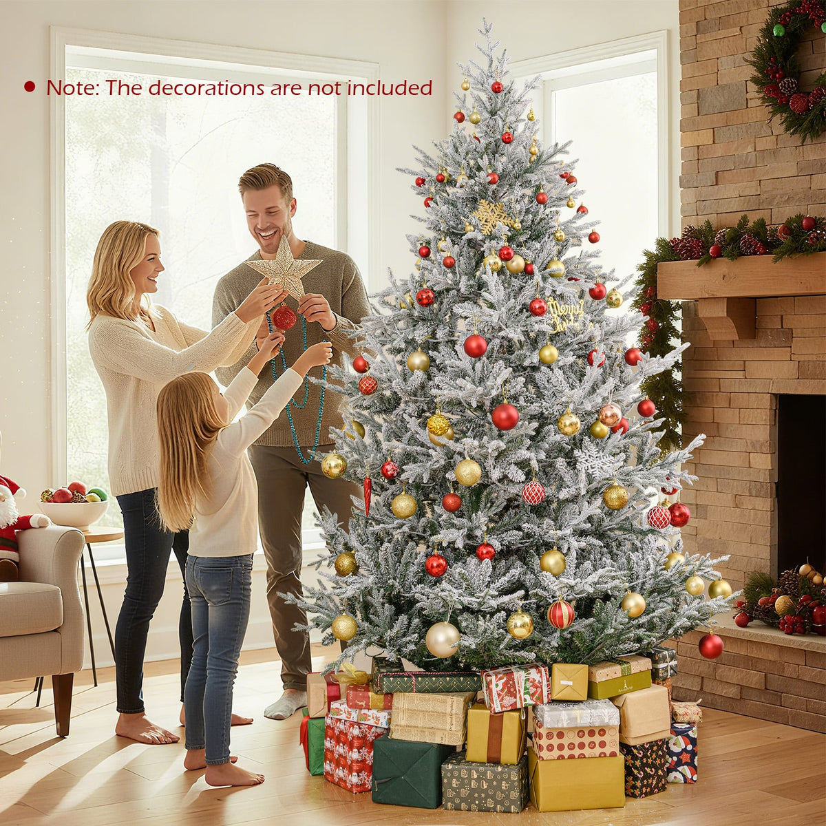 6/7/8 Feet Pre-Lit Artificial Christmas Tree Hinged Snow Flocked Xmas Tree-8 Feet-Christmas Trees-DECOROLALA