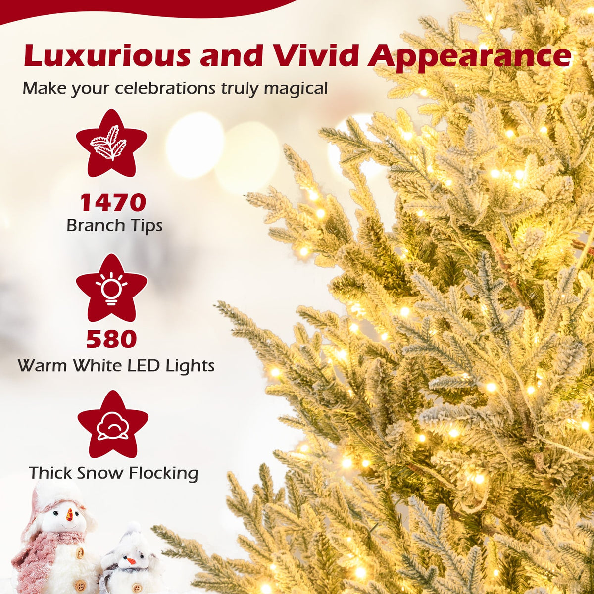 6/7/8 Feet Pre-Lit Artificial Christmas Tree Hinged Snow Flocked Xmas Tree-8 Feet-Christmas Trees-DECOROLALA