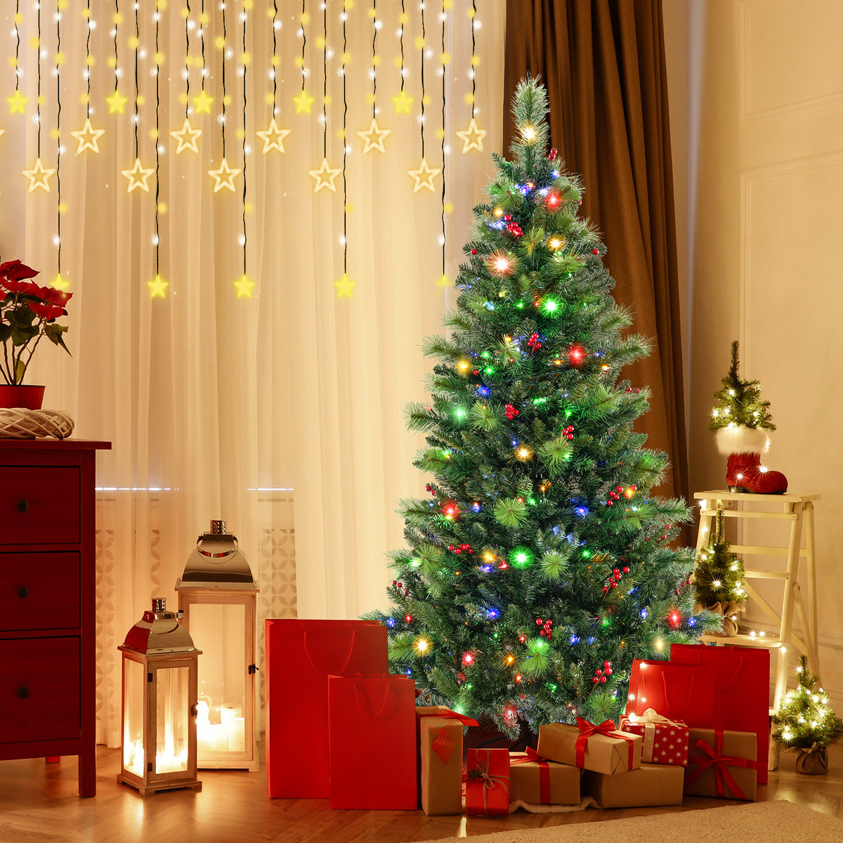 6/7/8 Feet Pre-Lit Artificial Christmas Tree with 300/400/500 LED Lights-6 ft-Christmas Trees-DECOROLALA