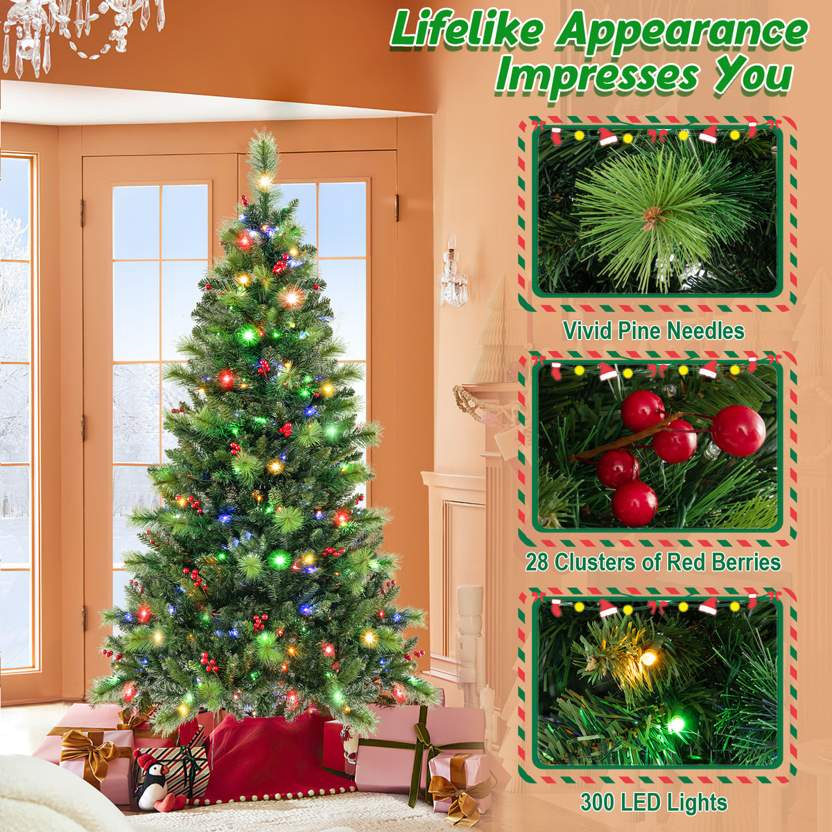 6/7/8 Feet Pre-Lit Artificial Christmas Tree with 300/400/500 LED Lights-6 ft-Christmas Trees-DECOROLALA