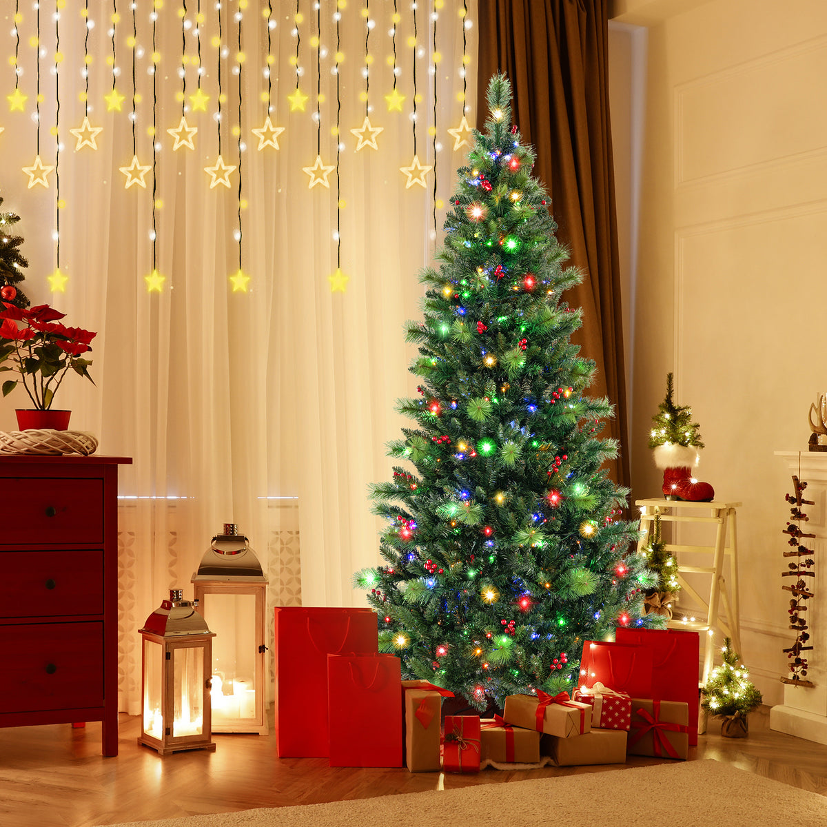 6/7/8 Feet Pre-Lit Artificial Christmas Tree with 300/400/500 LED Lights-7 ft-Christmas Trees-DECOROLALA