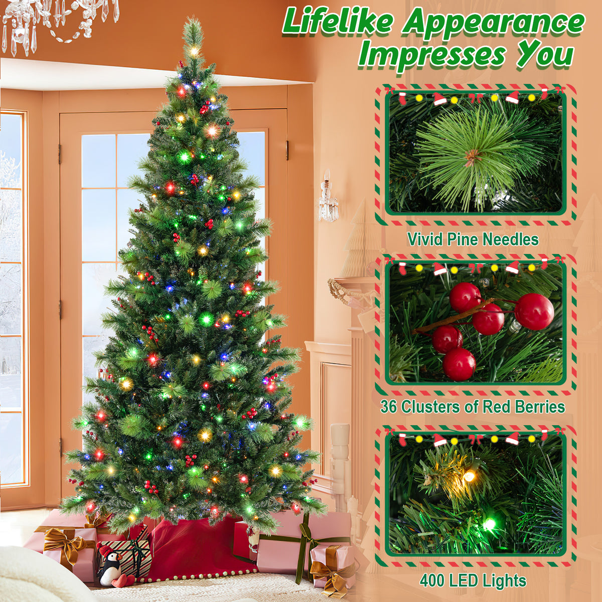 6/7/8 Feet Pre-Lit Artificial Christmas Tree with 300/400/500 LED Lights-7 ft-Christmas Trees-DECOROLALA