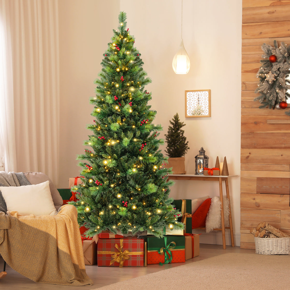 6/7/8 Feet Pre-Lit Artificial Christmas Tree with 300/400/500 LED Lights-7 ft-Christmas Trees-DECOROLALA