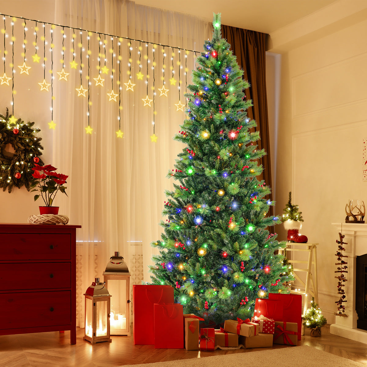 6/7/8 Feet Pre-Lit Artificial Christmas Tree with 300/400/500 LED Lights-8 ft-Christmas Trees-DECOROLALA