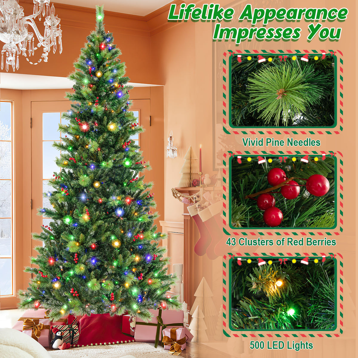 6/7/8 Feet Pre-Lit Artificial Christmas Tree with 300/400/500 LED Lights-8 ft-Christmas Trees-DECOROLALA
