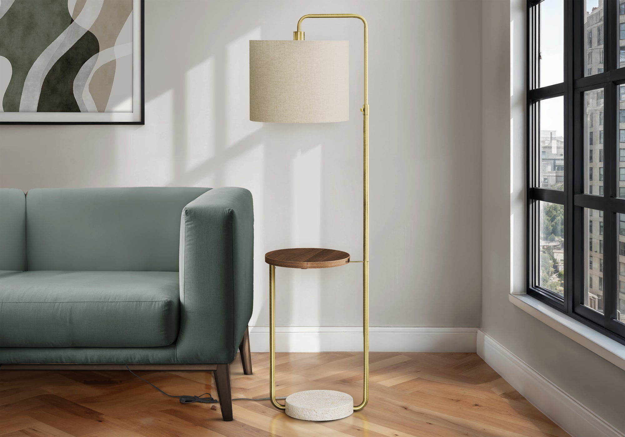67"H Floor Lamp Black Metal with USB Shelf and Ivory Shade-Lighting-DECOROLALA
