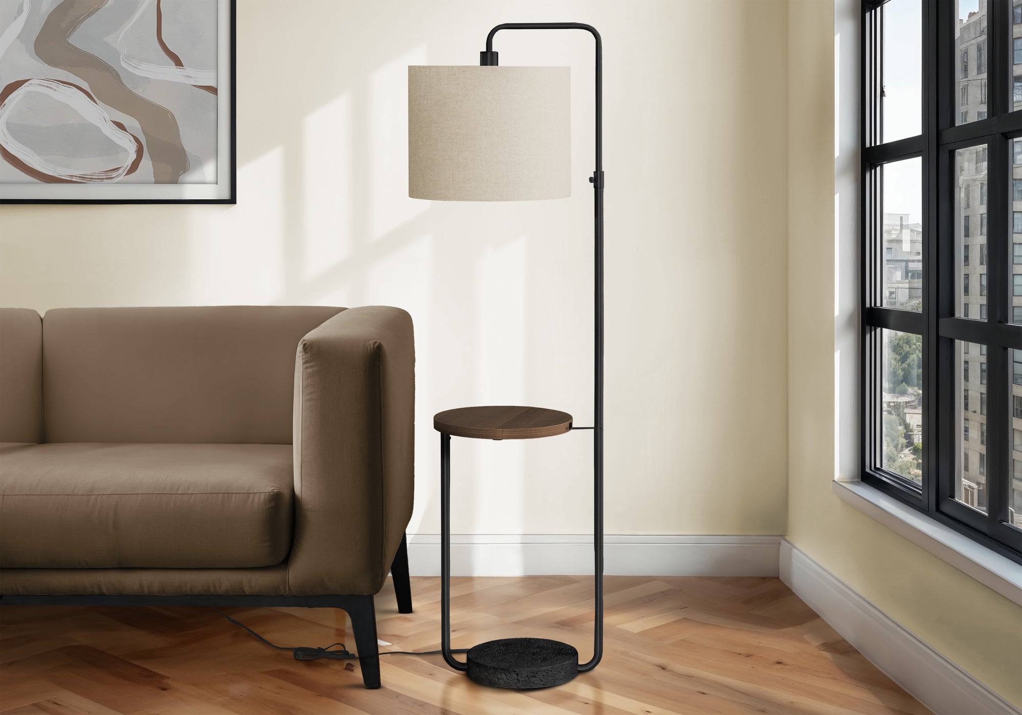 67"H Floor Lamp Black Metal with USB Shelf and Ivory Shade-Lighting-DECOROLALA