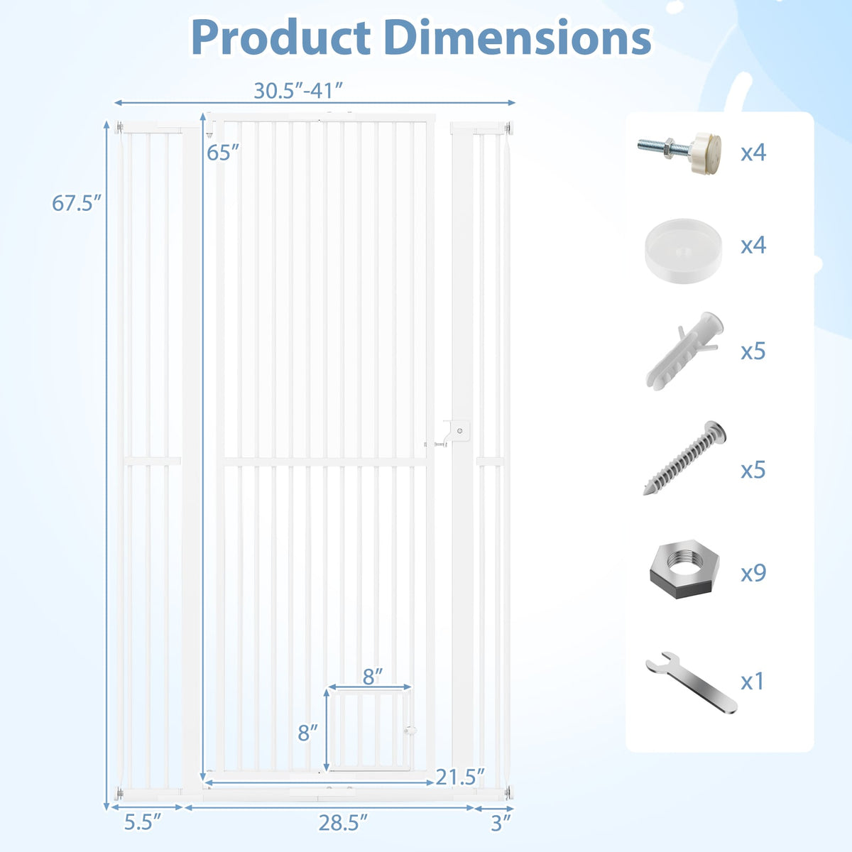67.5" Extra Tall Pet Gate Heavy-Duty Metal Cat Gate with 30.5"-41" Wide Opening-White-Pet Gates-DECOROLALA