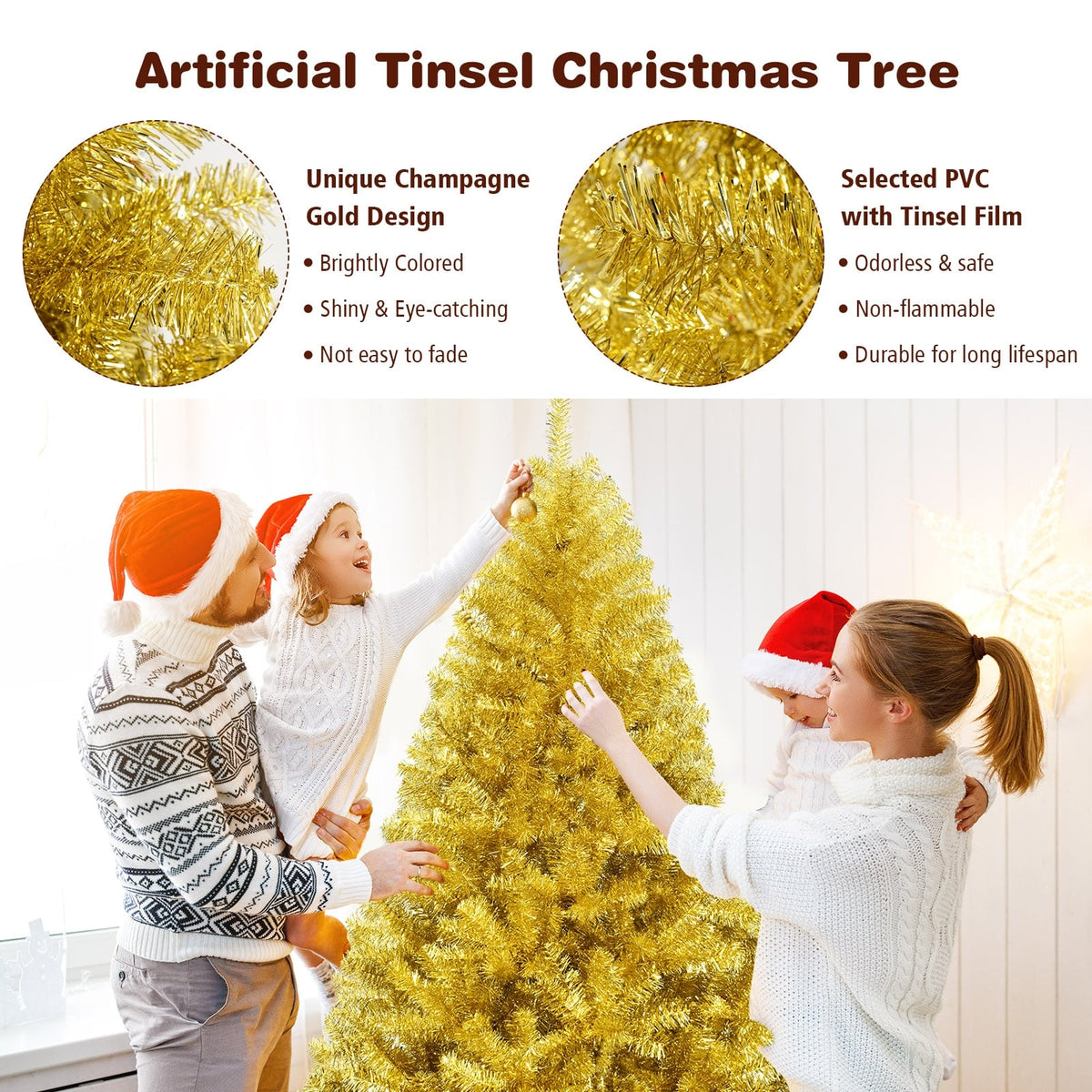 6/7.5 Feet Artificial Tinsel Christmas Tree Hinged with Foldable Stand-6 ft-Christmas Trees-DECOROLALA