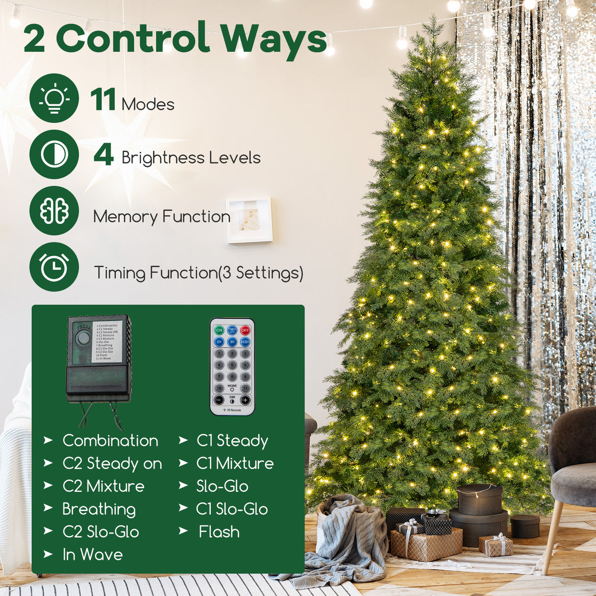 6/7.5 Feet Pre-Lit Artificial Christmas Tree with 11 Modes and Metal Stand-7.5ft-Christmas Trees-DECOROLALA