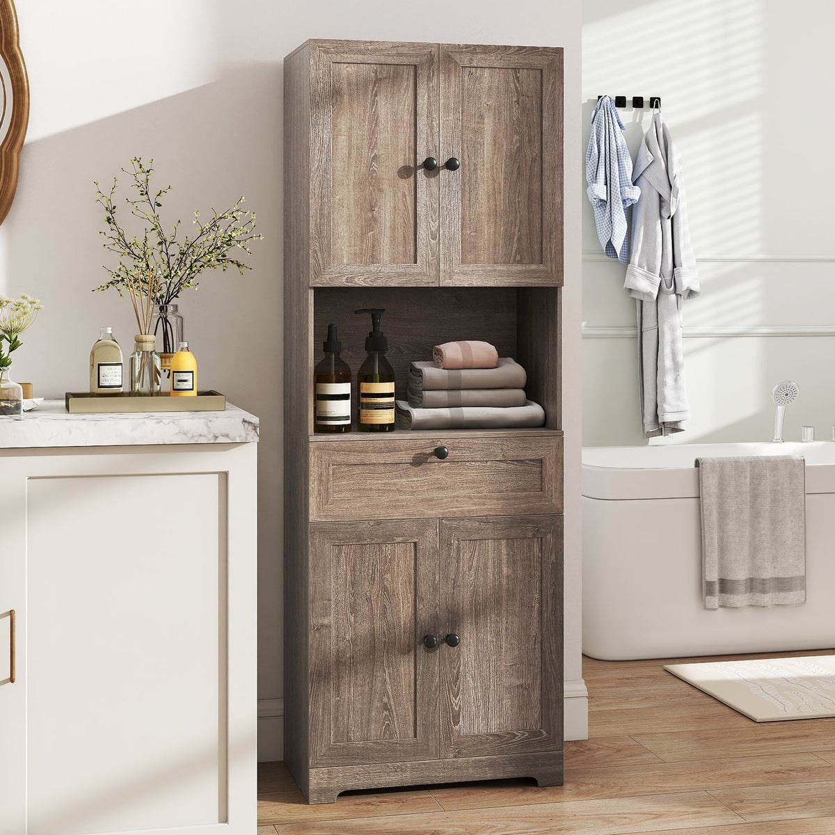 67.5 Inch Tall Modern Freestanding Floor Storage Cabinet with 4 Doors and 1 Drawer-Oak-Sideboards & Buffets-DECOROLALA