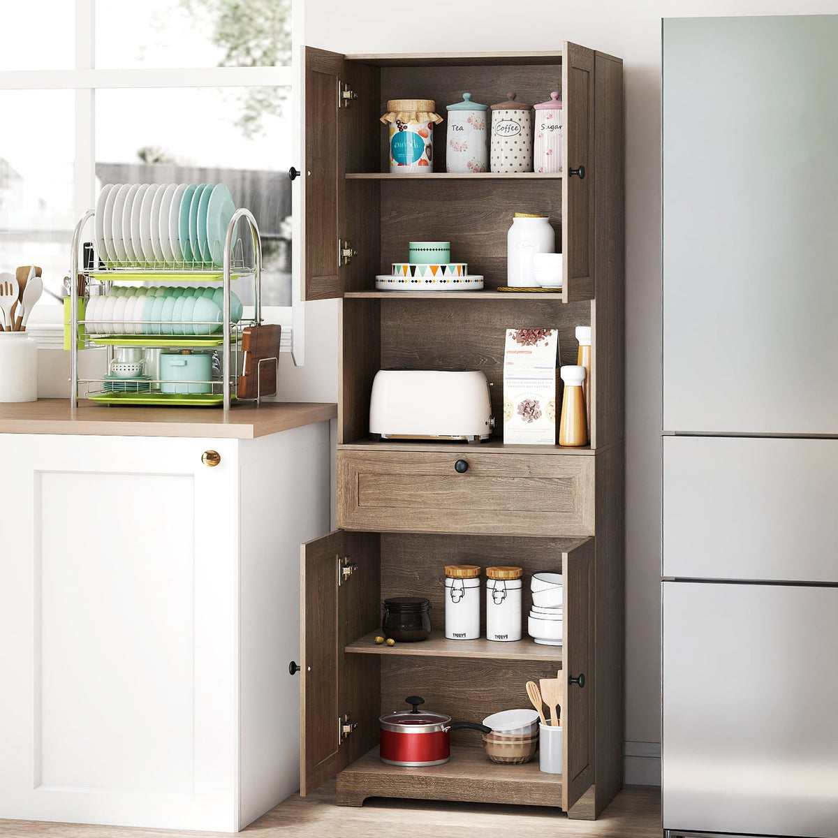 67.5 Inch Tall Modern Freestanding Floor Storage Cabinet with 4 Doors and 1 Drawer-Oak-Sideboards & Buffets-DECOROLALA