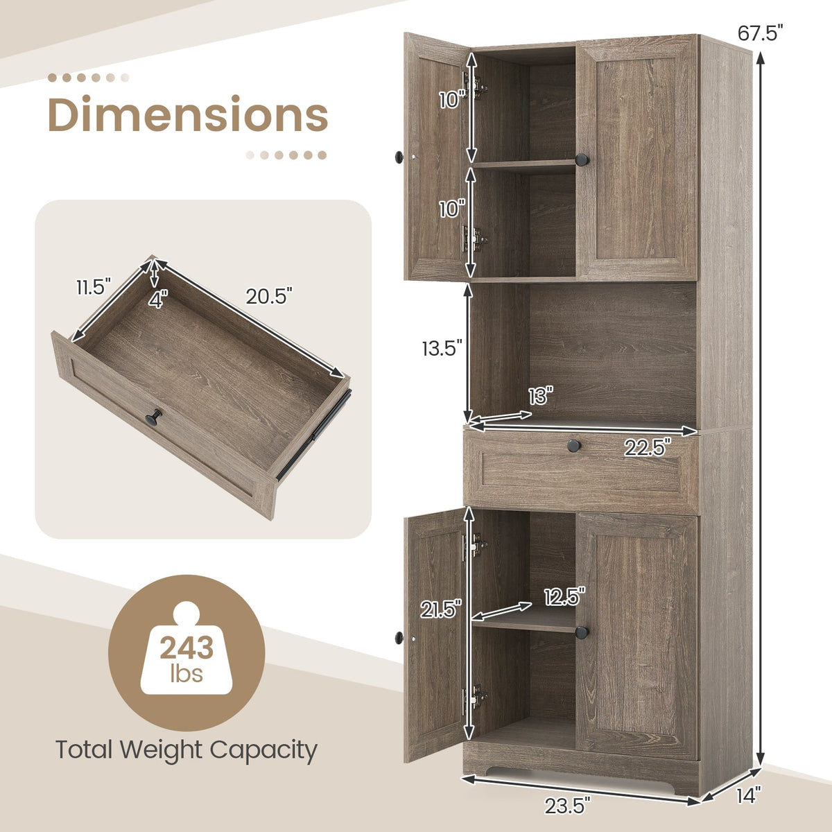 67.5 Inch Tall Modern Freestanding Floor Storage Cabinet with 4 Doors and 1 Drawer-Oak-Sideboards & Buffets-DECOROLALA