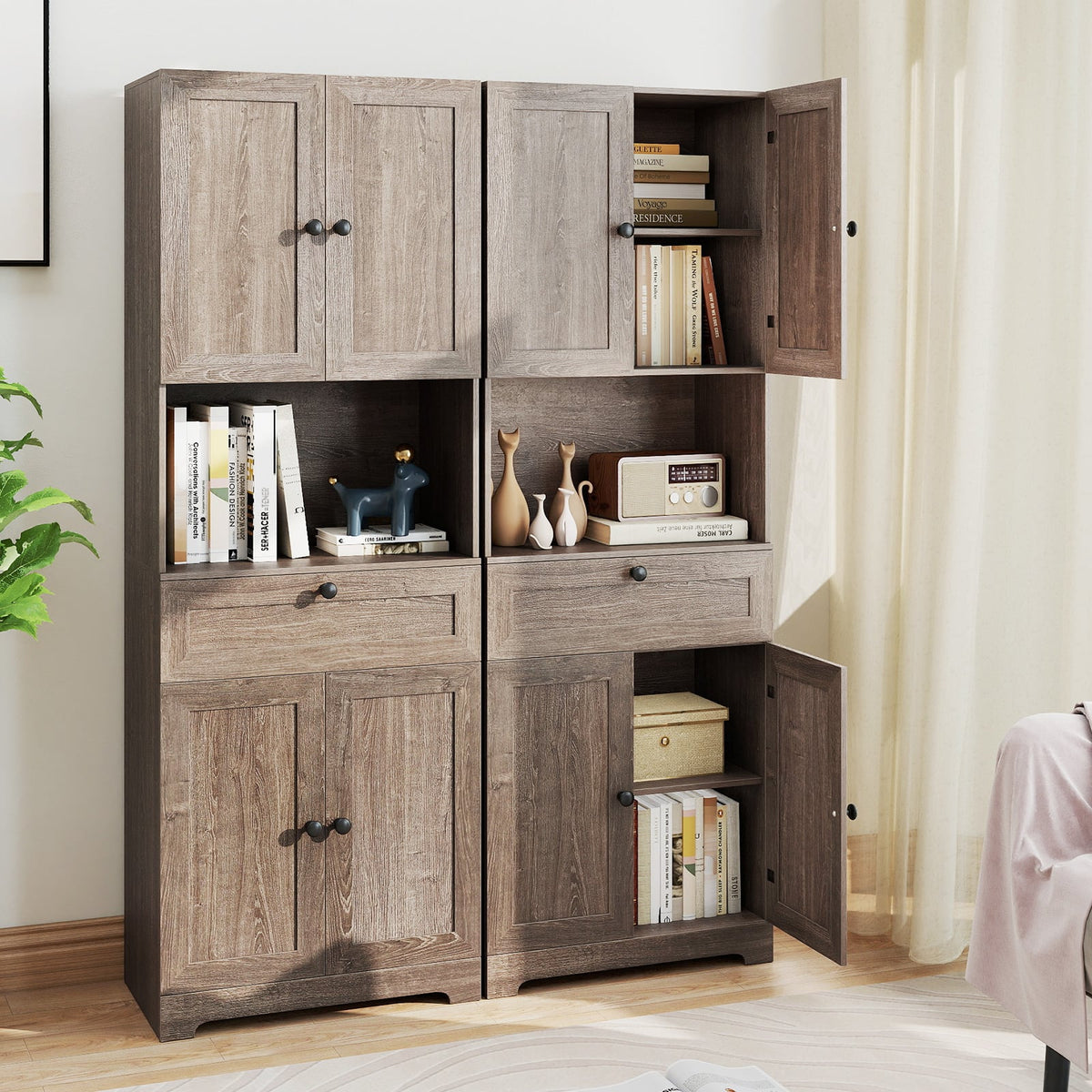 67.5 Inch Tall Modern Freestanding Floor Storage Cabinet with 4 Doors and 1 Drawer-Oak-Sideboards & Buffets-DECOROLALA