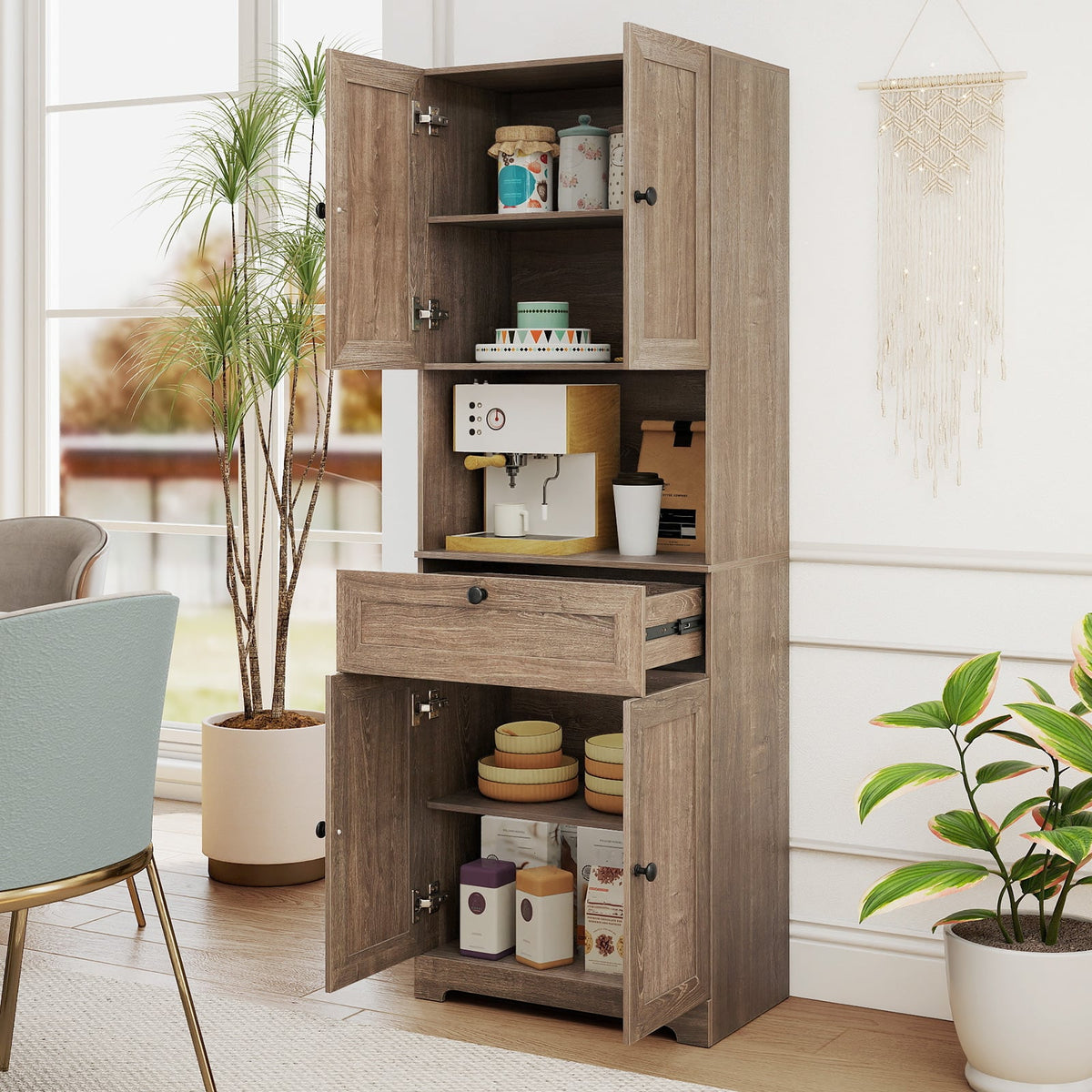 67.5 Inch Tall Modern Freestanding Floor Storage Cabinet with 4 Doors and 1 Drawer-Oak-Sideboards & Buffets-DECOROLALA