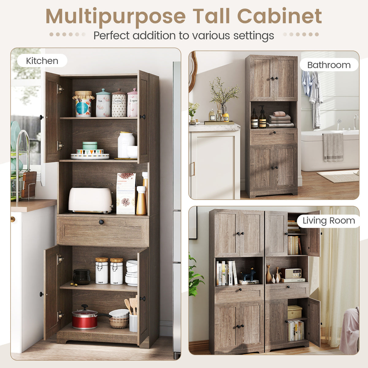 67.5 Inch Tall Modern Freestanding Floor Storage Cabinet with 4 Doors and 1 Drawer-Oak-Sideboards & Buffets-DECOROLALA
