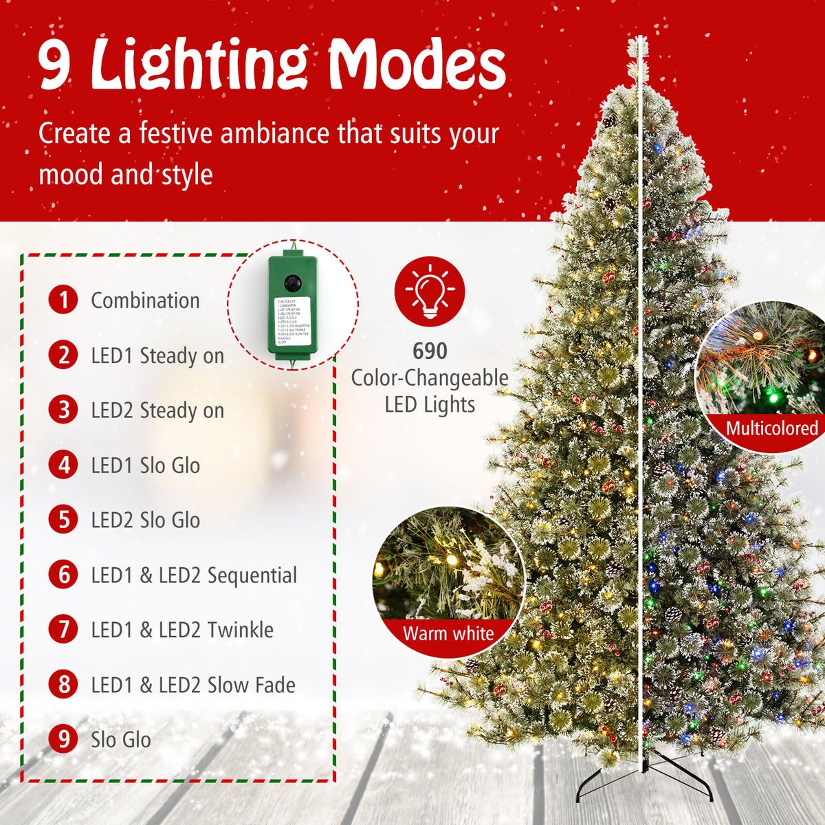 6/7.5/9 FT Artificial Christmas Tree Pre-Lit Hinged Holiday Tree with 360° Quick Power Connector-9ft-Christmas Trees-DECOROLALA
