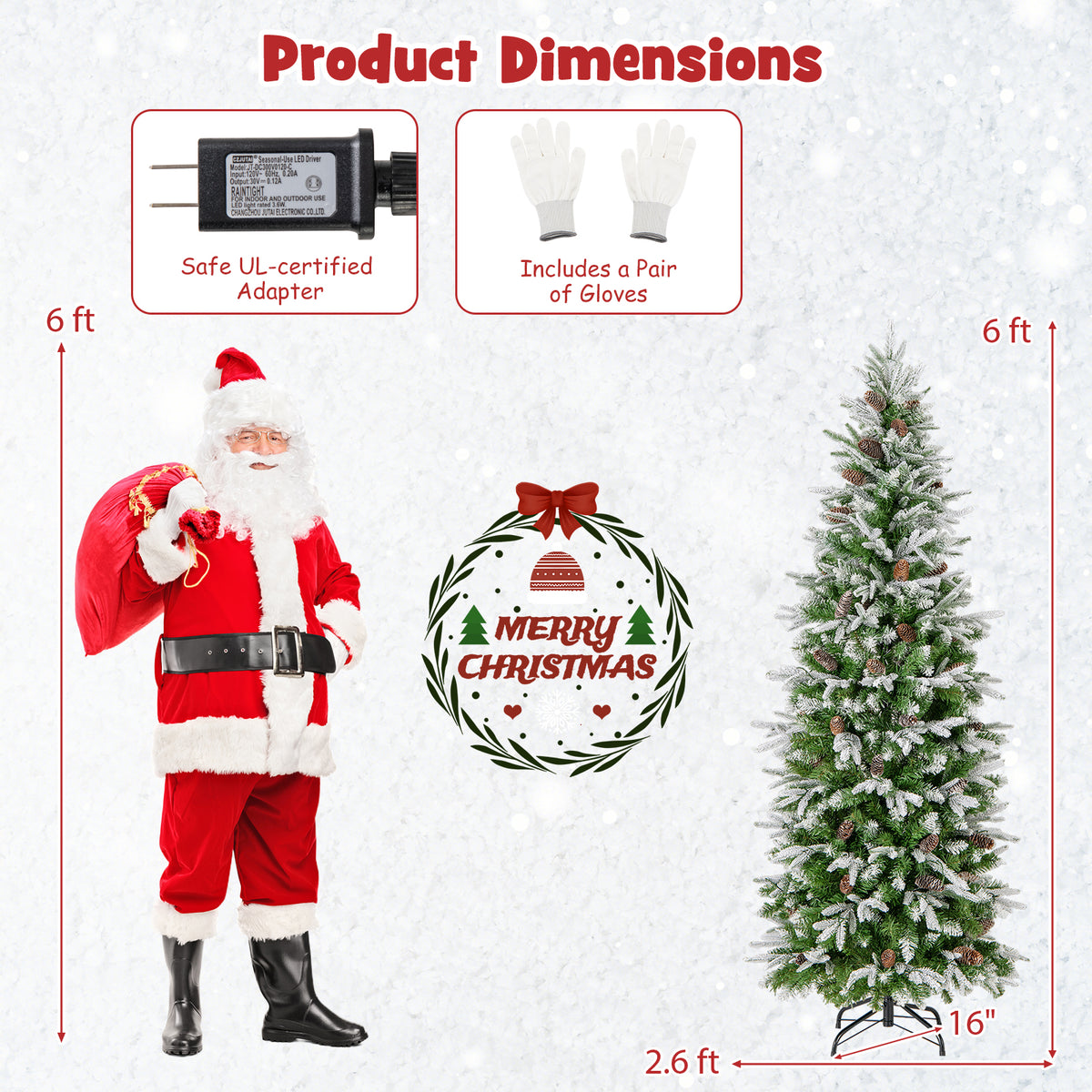 6/7.5/9 Feet Pre-Lit Artificial Christmas Tree Snow Flocked Hinged-6 ft-Christmas Trees-DECOROLALA