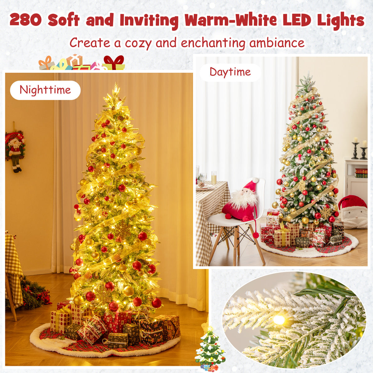 6/7.5/9 Feet Pre-Lit Artificial Christmas Tree Snow Flocked Hinged-6 ft-Christmas Trees-DECOROLALA