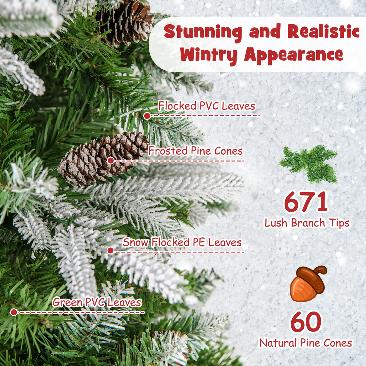 6/7.5/9 Feet Pre-Lit Artificial Christmas Tree Snow Flocked Hinged-6 ft-Christmas Trees-DECOROLALA