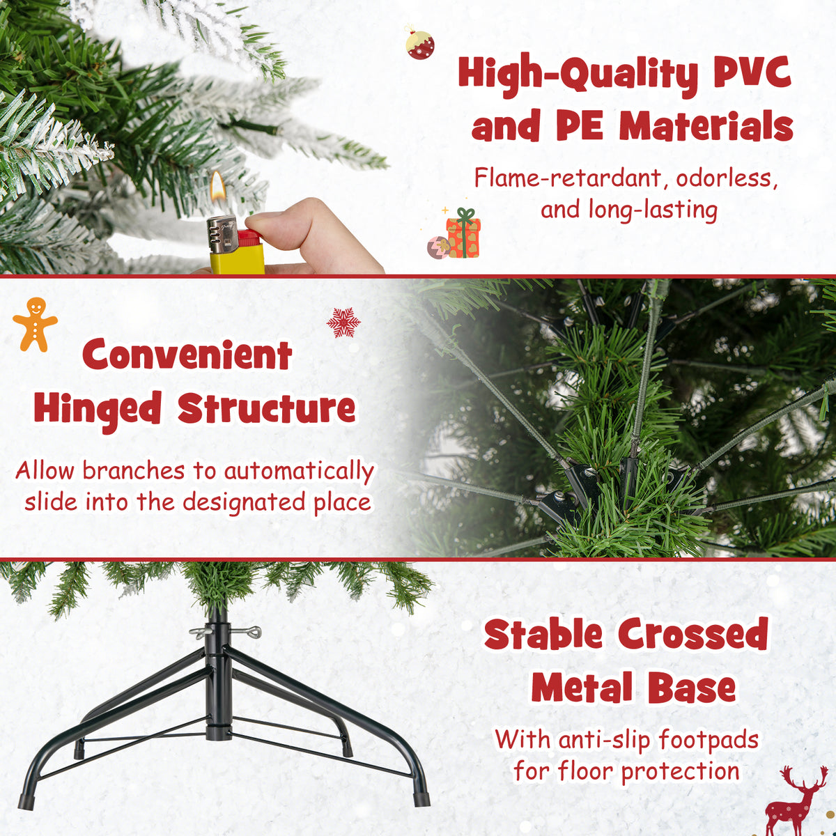 6/7.5/9 Feet Pre-Lit Artificial Christmas Tree Snow Flocked Hinged-6 ft-Christmas Trees-DECOROLALA