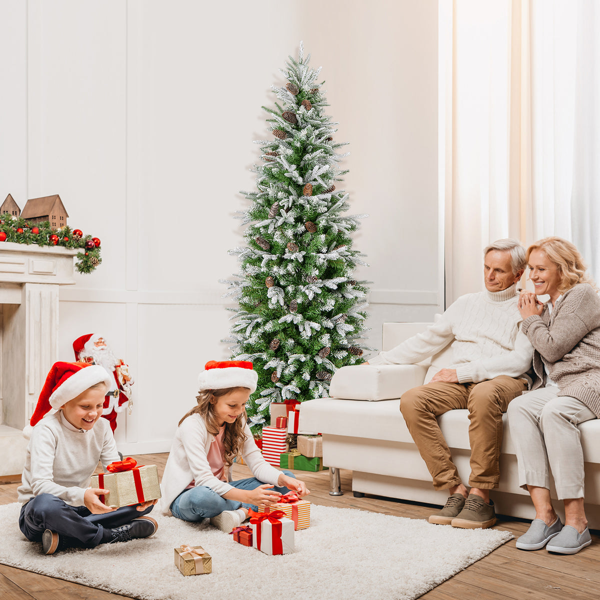 6/7.5/9 Feet Pre-Lit Artificial Christmas Tree Snow Flocked Hinged-6 ft-Christmas Trees-DECOROLALA
