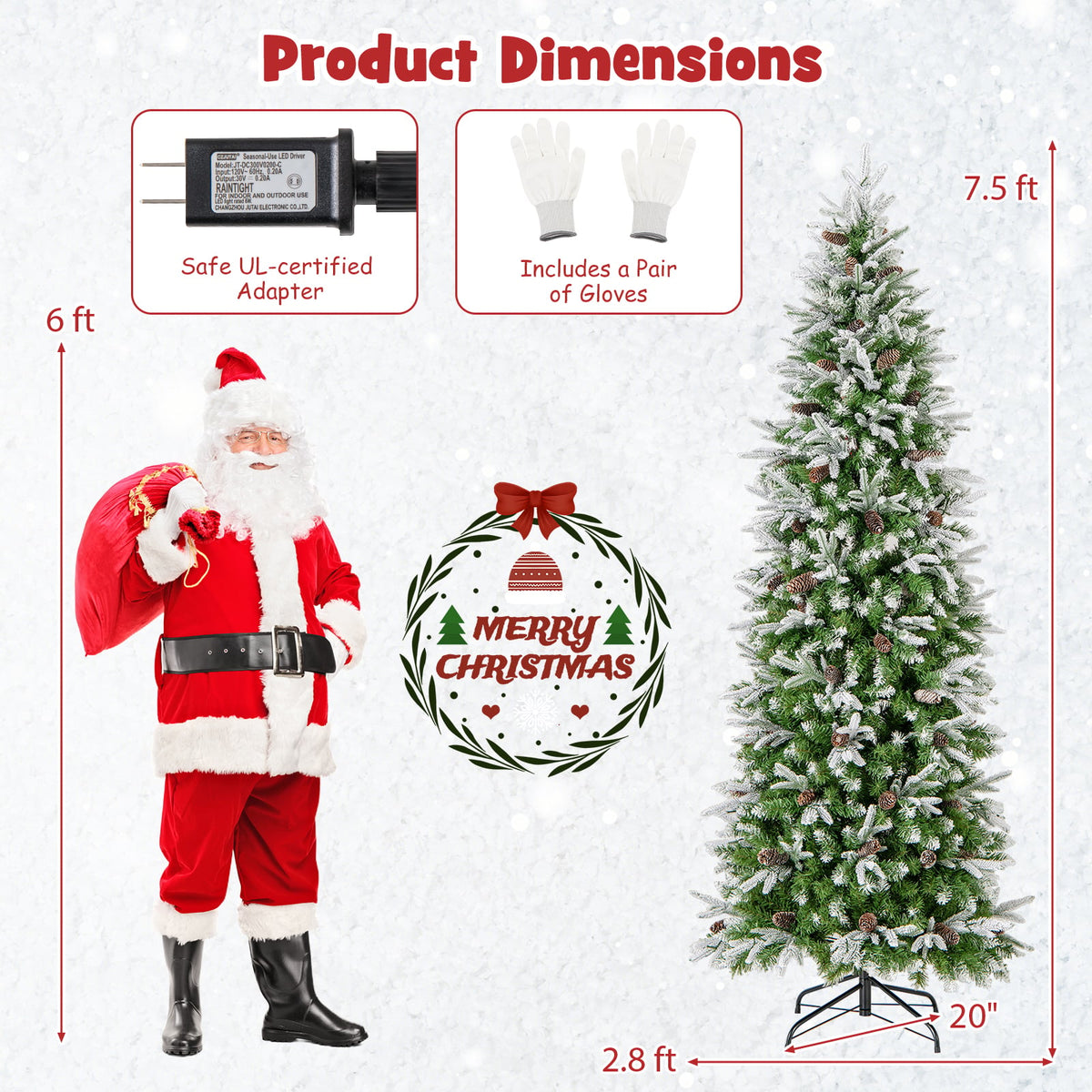 6/7.5/9 Feet Pre-Lit Artificial Christmas Tree Snow Flocked Hinged-7.5 Feet-Christmas Trees-DECOROLALA