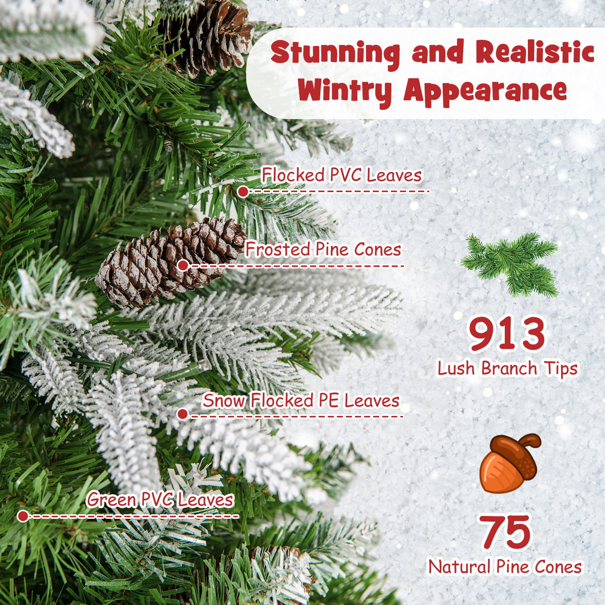 6/7.5/9 Feet Pre-Lit Artificial Christmas Tree Snow Flocked Hinged-7.5 Feet-Christmas Trees-DECOROLALA