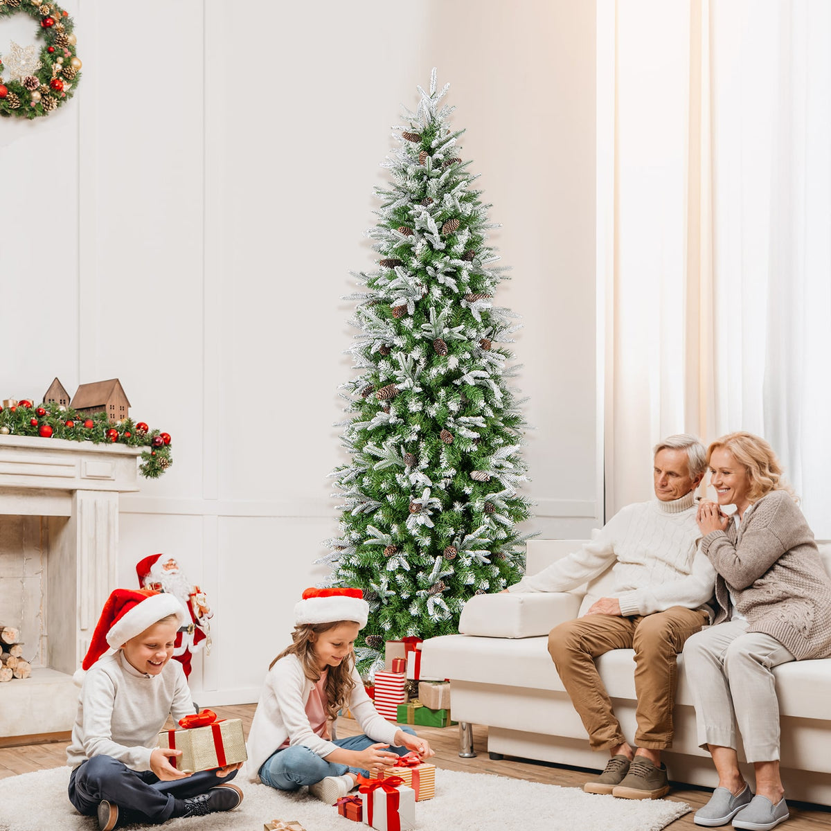 6/7.5/9 Feet Pre-Lit Artificial Christmas Tree Snow Flocked Hinged-7.5 Feet-Christmas Trees-DECOROLALA
