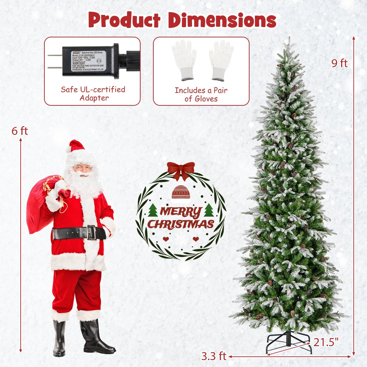 6/7.5/9 Feet Pre-Lit Artificial Christmas Tree Snow Flocked Hinged-9 FT-Christmas Trees-DECOROLALA