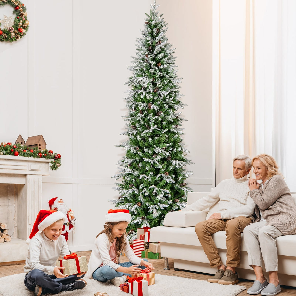 6/7.5/9 Feet Pre-Lit Artificial Christmas Tree Snow Flocked Hinged-9 FT-Christmas Trees-DECOROLALA