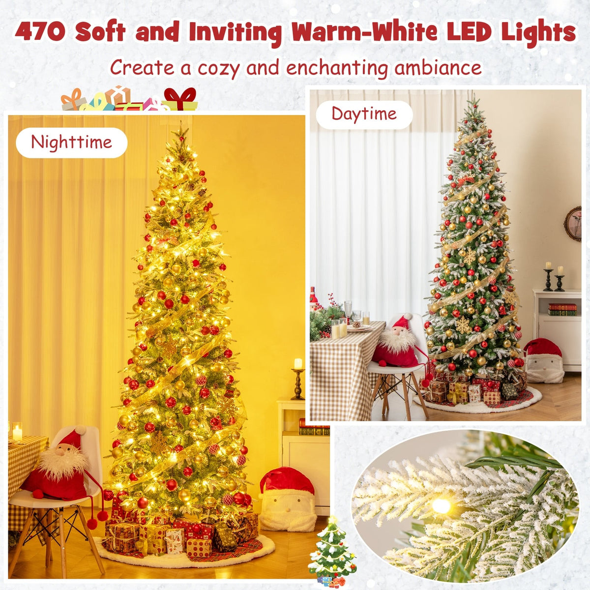 6/7.5/9 Feet Pre-Lit Artificial Christmas Tree Snow Flocked Hinged-9 FT-Christmas Trees-DECOROLALA