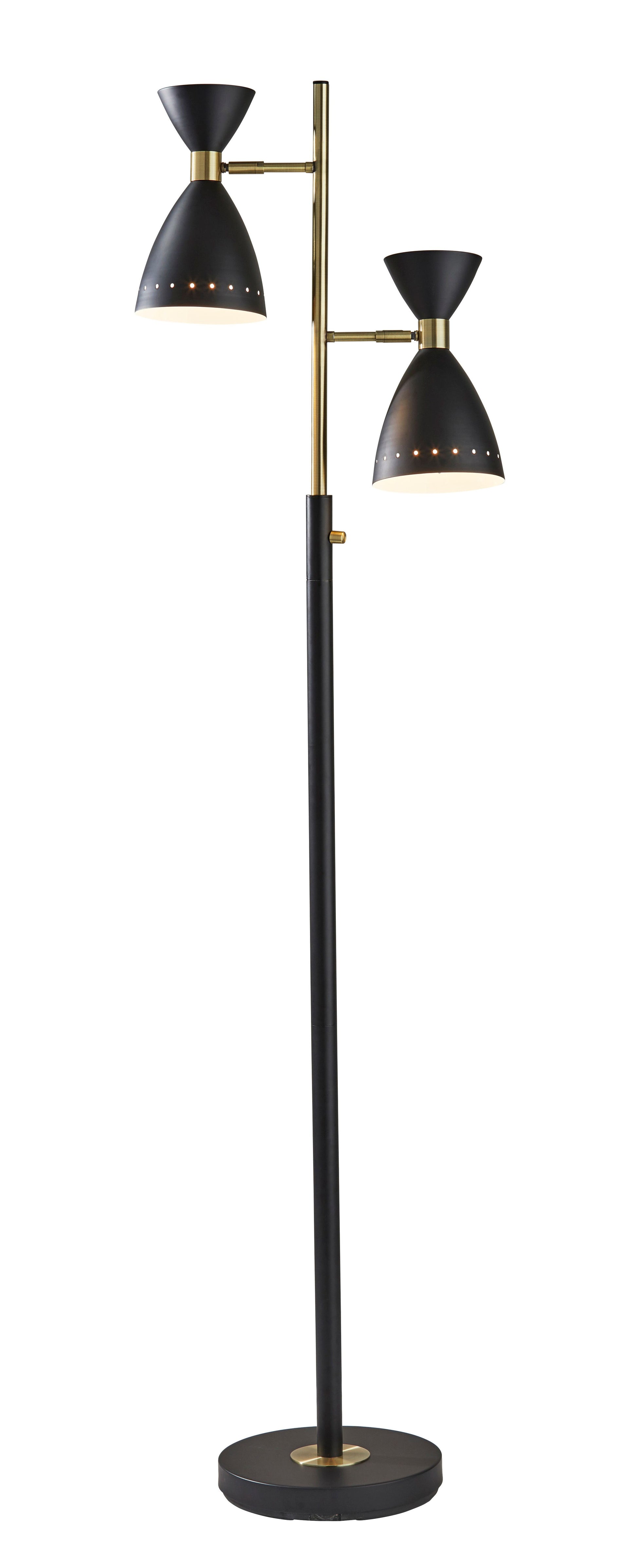 68" Black And Gold Metal Two Light Task Floor Lamp With Black Metal Cone Shade-Floor Lamps-DECOROLALA