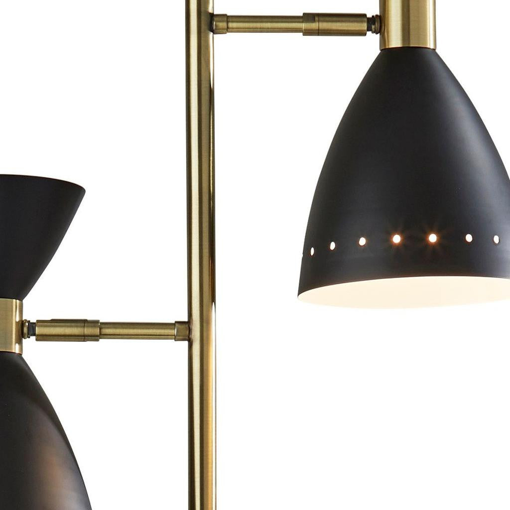 68" Black And Gold Metal Two Light Task Floor Lamp With Black Metal Cone Shade-Floor Lamps-DECOROLALA