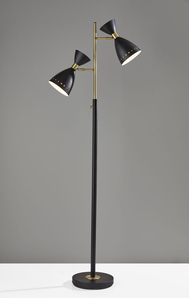 68" Black And Gold Metal Two Light Task Floor Lamp With Black Metal Cone Shade-Floor Lamps-DECOROLALA