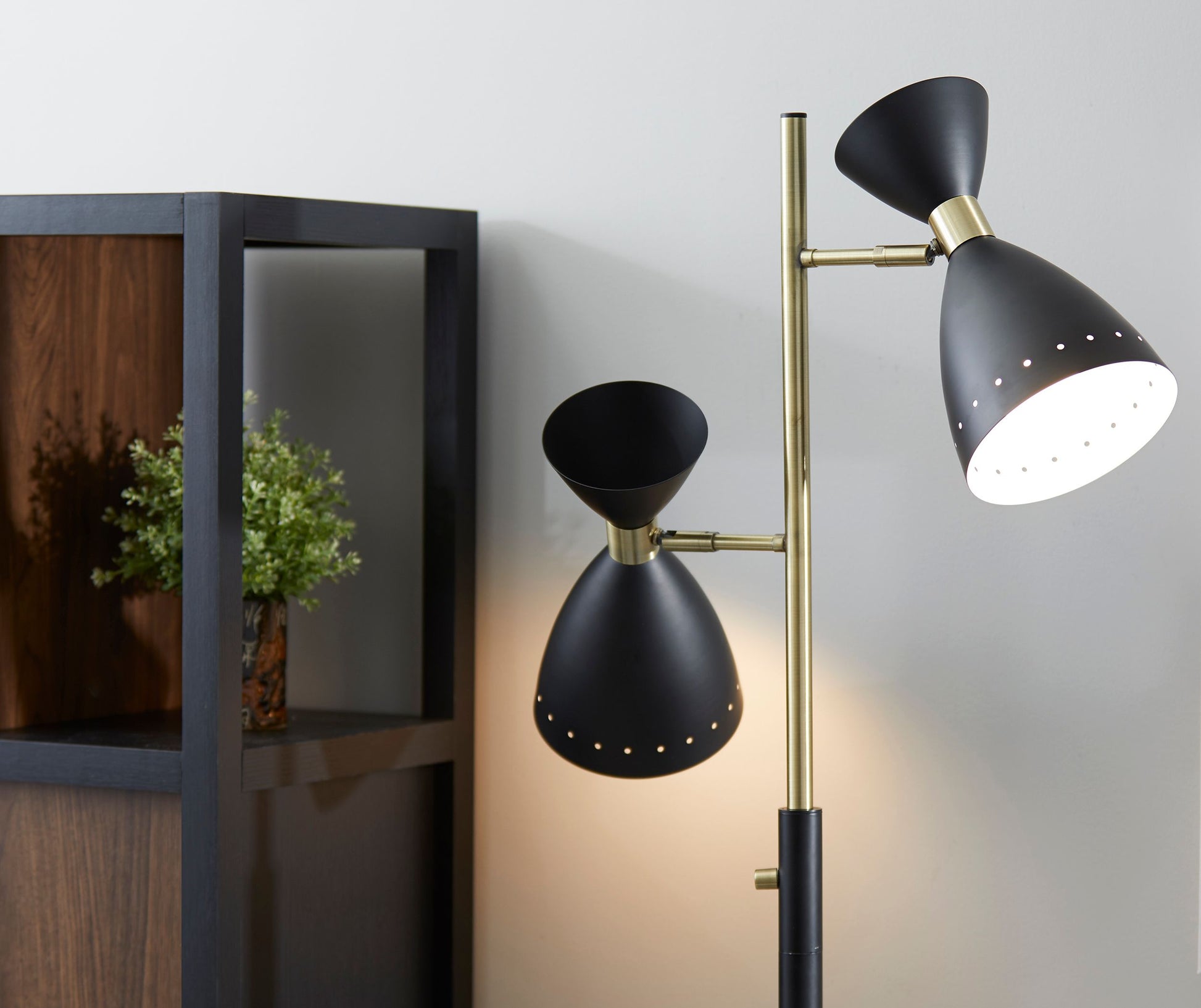 68" Black And Gold Metal Two Light Task Floor Lamp With Black Metal Cone Shade-Floor Lamps-DECOROLALA