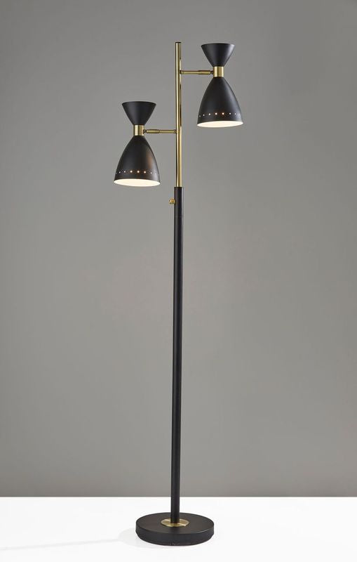 68" Black And Gold Metal Two Light Task Floor Lamp With Black Metal Cone Shade-Floor Lamps-DECOROLALA