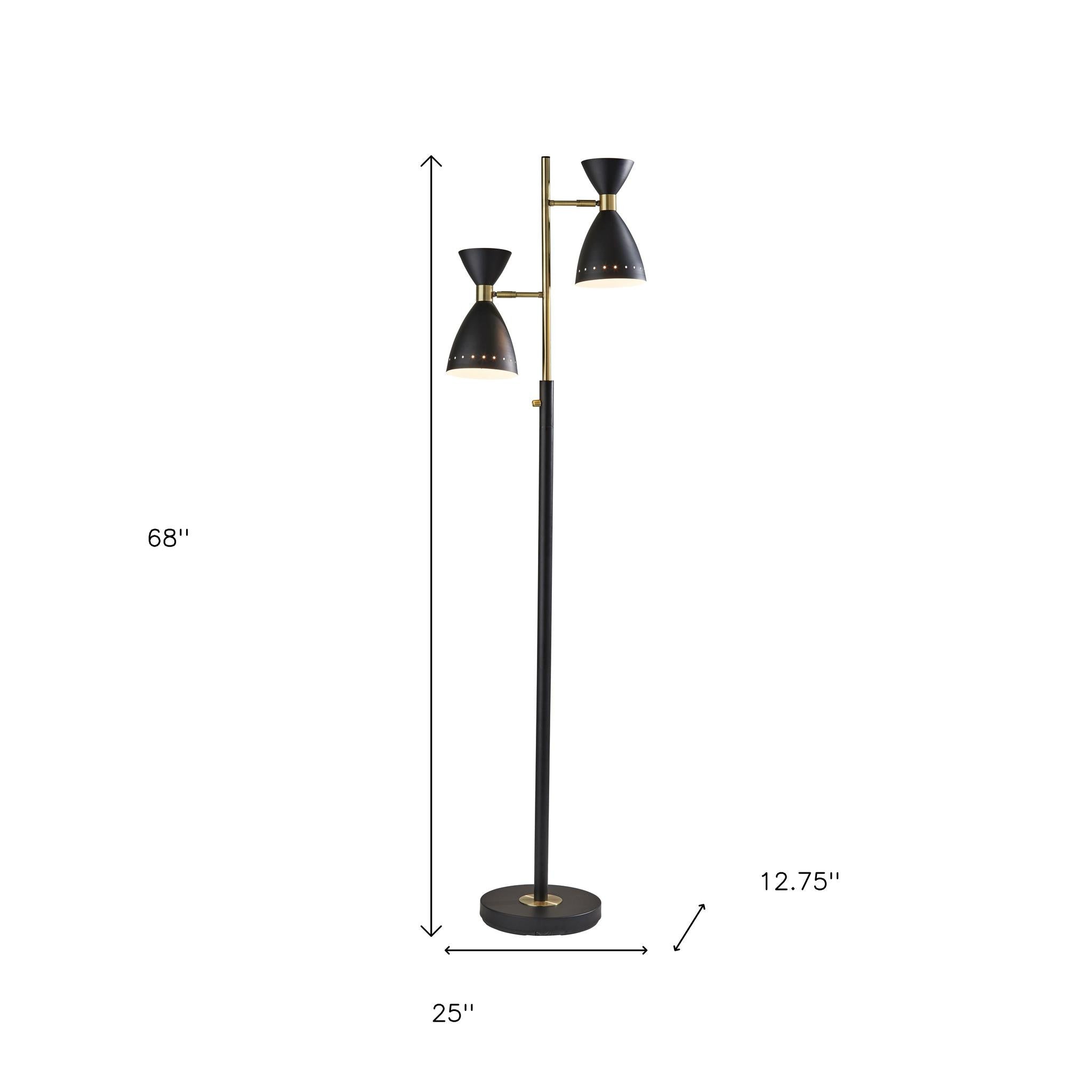 68" Black And Gold Metal Two Light Task Floor Lamp With Black Metal Cone Shade-Floor Lamps-DECOROLALA