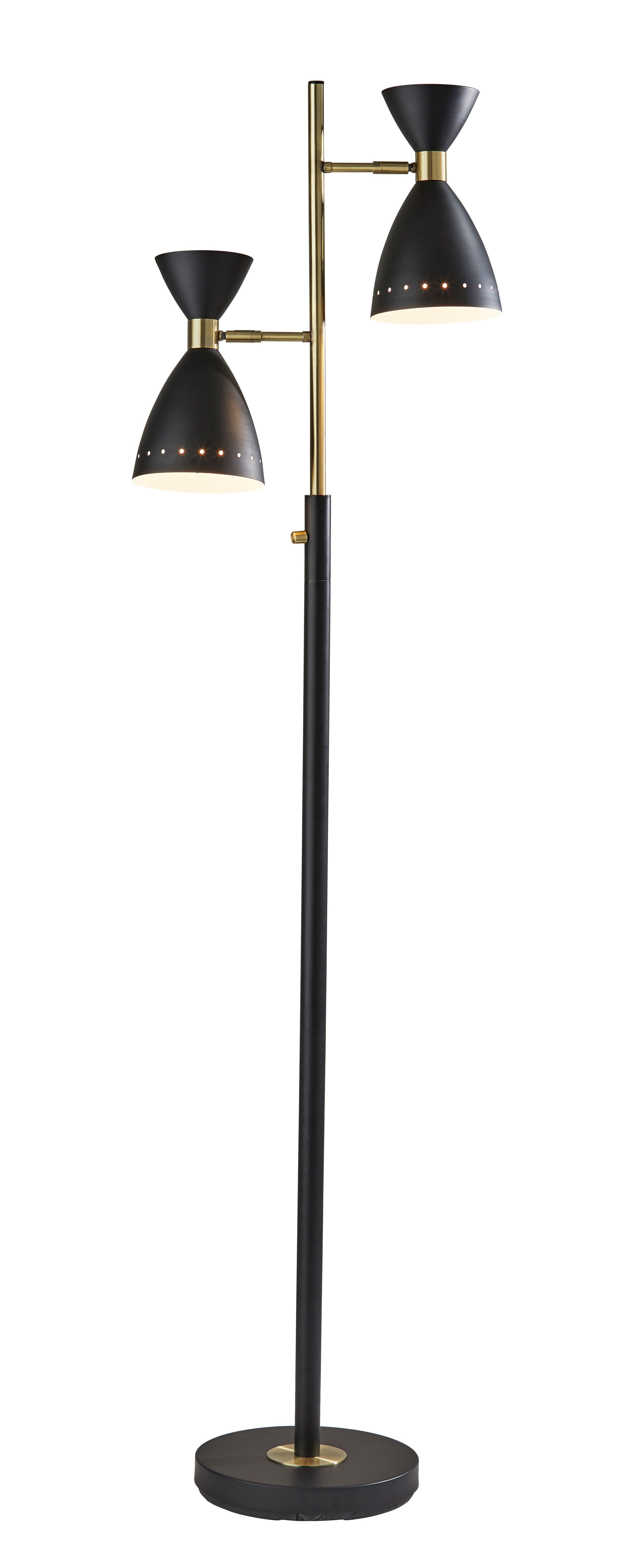 68" Black And Gold Metal Two Light Task Floor Lamp With Black Metal Cone Shade-Floor Lamps-DECOROLALA
