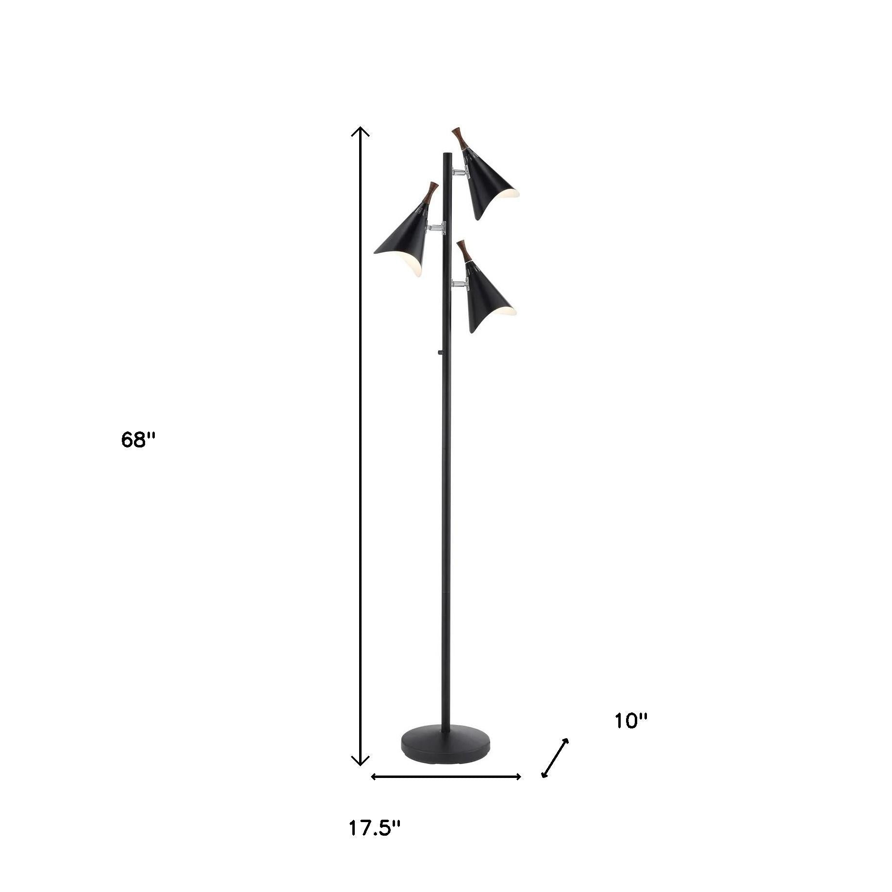 68" Black Three Light Tree Floor Lamp With Black Metal Cone Shade-Floor Lamps-DECOROLALA