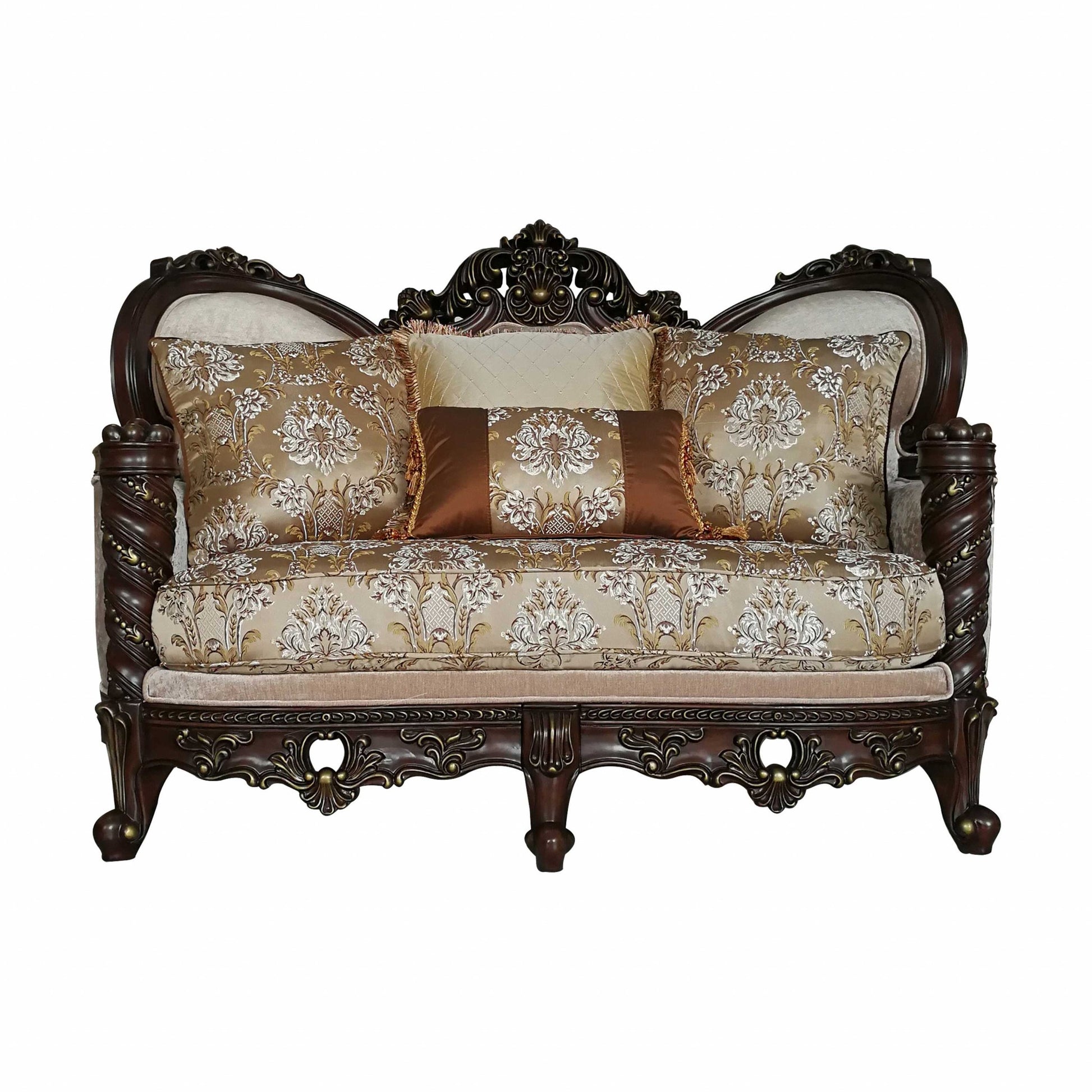 68" Cream And Brown Damask Chesterfield Loveseat and Toss Pillows-Love Seats-DECOROLALA